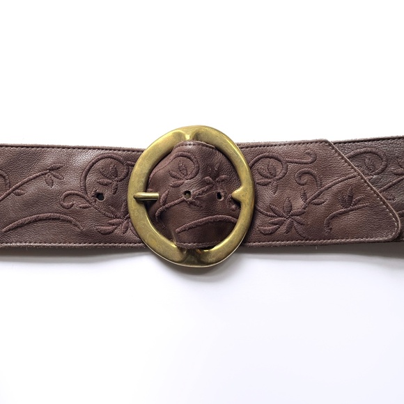 Vintage B-LOW the Belt 34in Oversized Brass Buckle Wide Leather Floral Stitching